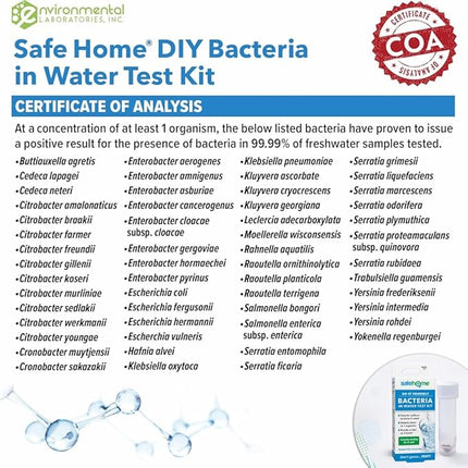 Safe Home® DIY Bacteria in Water Test Kit – Results as Fast as 6 Hours – Detects 50 Different Species of Coliform Bacteria – EPA Lab Certified – Made in the USA – (2 Pack)
