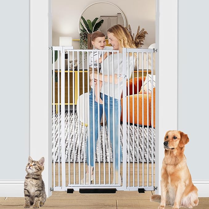 55.1 Inch Tall Baby Gate Auto Close Dog Gate Adjustable 29.92"- 48.03" Wide Pressure Mounted Walk Through Swing Pet Gate for Doorways (White, 29.92"- 48.03")