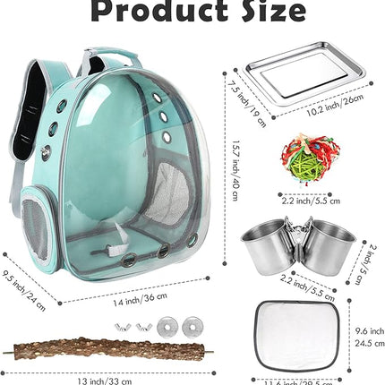 Bird Backpack Carrier with Perch, Portable Bird Travel Cage Bag, Clear Parrot Carrier Cockatiel Cage with Toy Stainless Steel Food Bowl Tray for Conures Parakeet Budgie Canary Lovebirds Small Animals