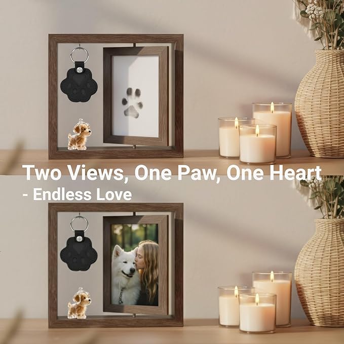 Dog Memorial Gifts Picture Frame, Pet Paw Print Kit & Fur Keepsake Keychain Set - 360 Rotating Wood Frame for Loss of Dog Sympathy Gift, Pet Bereavement & Remembrance