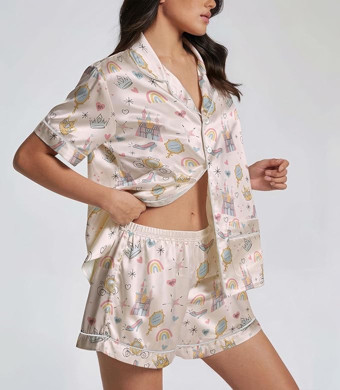 Women’s Silk Satin Pajama Set, Short Sleeve Button Down 2 Piece PJs with Shorts, Cozy Loungewear & Matching Holiday Pajamas