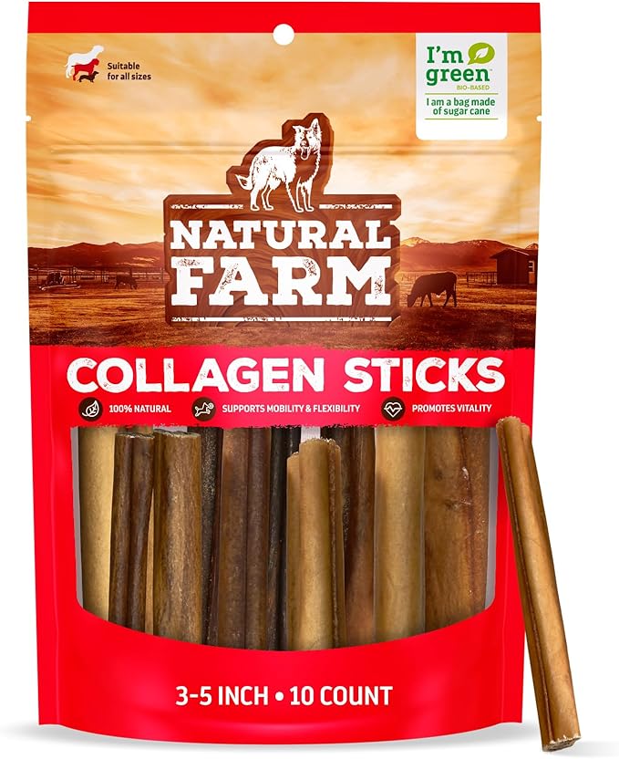 Natural Farm Collagen Dog Chews (3-5”, 10 Units), Odor-Free Long Lasting Bully Sticks & Rawhide Alternative Dog Treats, 95% Collagen Low Fat, High Protein – Small & Medium Dogs