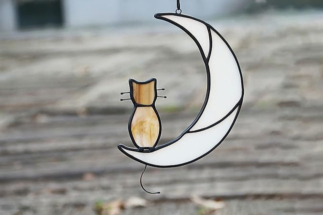 Orange Tabby Cat On Moon Stained Glass Window Hangings,Stained Glass Suncatcher Hanging Ornament Gift for Mom,Cat Memorial Gifts for Pet Lovers, Pet Loss Sympathy Gift (Yellow)