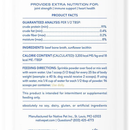 Native Pet Bone Broth for Dogs and Cats - Made with Real Beef Bone Broth, Dog Food Toppers for Picky Eaters - Provides Extra Hydration & Nutrition for Joint Strength, Immunity & Heart Health-96 Scoops