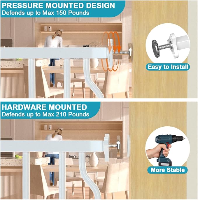 29.9-43.7 in Wide Baby Gate for Stairs Doorways, Auto Close Child Safety Gates Indoor for Dogs Pets, Pressure Mounted Metal Barrier Kids Toddler Door Walk Through, 30" Tall, White