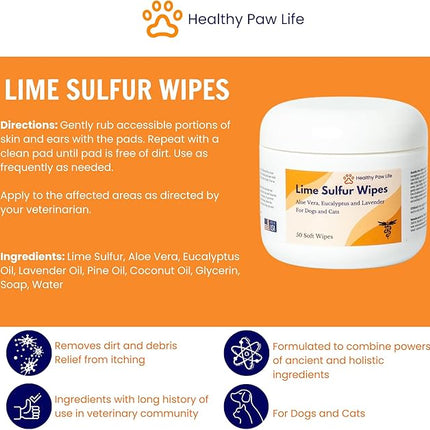 Lime Sulfur Wipes - Relief for Itching, Scratching, and Redness - Infused with Lime Sulfur, Aloe & Essential Oils - Skin Care Solution for Pets (50ct, 2" Skin Soothe Wipes)