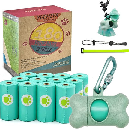 Dog Poop Pickup Bags Holder Dispenser with Standard-Sized Leak-Proof Scented Doggy Waste Bags and Carabiner with Safety Lock&Fastener Never Loose on Leash Lead Again (1 Holder 195 Bags, Blue)