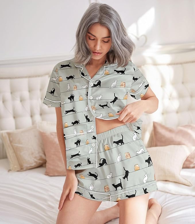 Women’s Silk Satin Pajama Set, Short Sleeve Button Down 2 Piece PJs with Shorts, Cozy Loungewear & Matching Holiday Pajamas