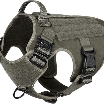 ICEFANG Tactical Dog Harness, Large Size,2X Metal Buckle,Working Dog MOLLE Vest with Handle,No Pulling Front Leash Clip,Hook and Loop Panel (Green,L (Pack of 1))
