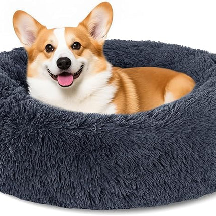 Dog Calming Beds for Small Medium Large Dogs - Round Donut Washable Puppy Dog Bed, Anti-Slip Faux Fur Fluffy Donut Cuddle Anxiety Cat Pet Bed(28" Dark Grey)