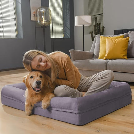 Large Orthopedic Dog Beds, Waterproof Dog Bed with Removable Cover, 4-Sides Removable Bolster Pet Soft Sofa with Nonskid Bottom, Washable Pet Beds for Large Dogs, Purple
