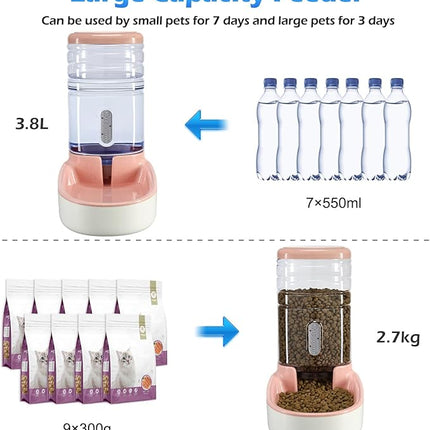 Automatic Dog Cat Feeder and Water Dispenser Gravity Food Feeder and Waterer Set with Pet Food Bowl for Small Medium Dog Puppy Kitten, Large Capacity 1 Gallon x 2(Pink)