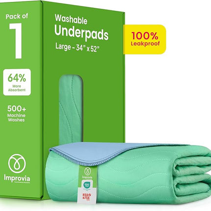 IMPROVIA® Washable Underpads, 34" x 52" (1 Pack) - Heavy Absorbency Reusable Incontinence Pads for Kids, Adults, Elderly, and Pets - Waterproof Protective Pad for Bed, Couch, Sofa, Furniture, Floor