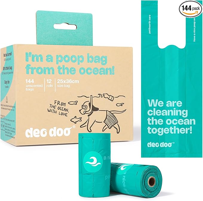Dog Poop Bags with Handles 100% PCR from Ocean 12 Rolls 144 Counts Big Sizes Leak Proof and Extra Thick Waste Bags Refill Rolls for Walking Small Medium Large Dogs Cats Litter Unscented