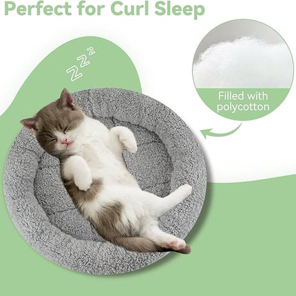 LESYPET Cat Bed for Indoor Cats, Small Pet Bed Curl Sleep Cushion with Raised Pillow Around, Non-Slip Bottom Washable Pet Beds Mat for Small Pets Rabbit Hamsters, Round Diameter 15.7"