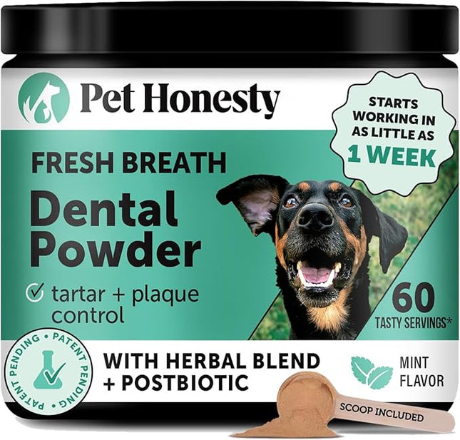 Dog Breath Freshener Dental Powder for Teeth Cleaning Plaque Off, Dental Care for Large Dogs, Tartar Remover for Teeth with Natural Herbal Blend + Postbiotics (Mint - 60 Servings)