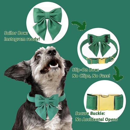 Maca Bates Jade Green Dog Collar with Cute Solid Sailor Bow Tie for Medium Girl Boy Dogs,Adjustbale Durable Breakaway Soft Collars with Bowtie for Female Male Puppy,Pet with Metal Buckle