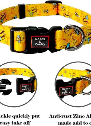 Roses&Poetry Dog Collar with Colourful Bee Patterns, Adjustable Durable Puppy Collars for Small Medium Large Dogs (Bee-XS)