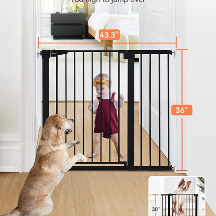 COMOMY 36" Extra Tall Baby Gate for Stairs Doorways, Fits Openings 29.5" to 43.3" Wide, Auto Close Sturdy Safety Dog Gate for House, Pressure Mounted Easy Walk Through Pet Gate with Door, Black