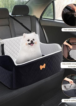 Car Seat for Large Size Dog, Booster Seat for Dogs Under 55 lbs or 2 Small Dogs, Soft Car Dog Bed Filling in Thick Memory Foam with 2 Safety Leashes and Storage Pocket (Grey/Black)