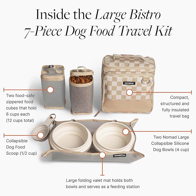 Large 7-Piece Bistro Box Dog Food Travel Kit, 12-Cup Kibble Storage, 2 Silicone Bowls, Mat & Scoop - Premium Portable Pet Food Kit for Weekends, Overnights, Daycare & Camping, Checkerboard