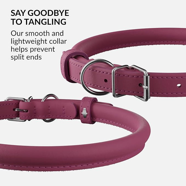 CollarDirect Rolled Leather Dog Collar, Soft Padded Round Puppy Collar, Handmade Genuine Leather Collar Dog Small Large Cat Collars 13 Colors (11-14 Inch, Pink Smooth)