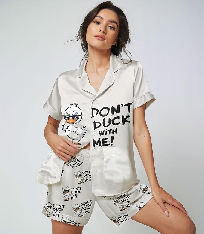 Women’s Silk Satin Pajama Set, Short Sleeve Button Down 2 Piece PJs with Shorts, Cozy Loungewear & Matching Holiday Pajamas