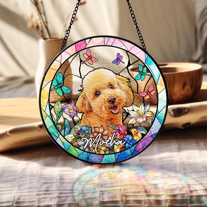 Custom Dog Portrait Stained Glass Window Hanging Light Catcher, Pet Memorial Stained Glass Photo, Dog Memorial Gift Pet Loss Sympathy Gift