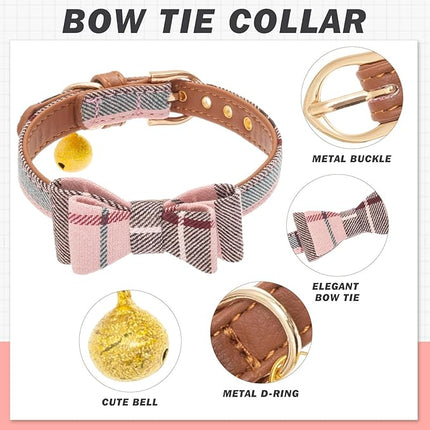 EXPAWLORER Dog Collar Bandana Set - Classic Plaid Dog Bow Tie and Bandana Collar with PU Leather, Adjustable Collars for Small Medium Large Dogs Cats, Holiday Ideal Gift, Pink S