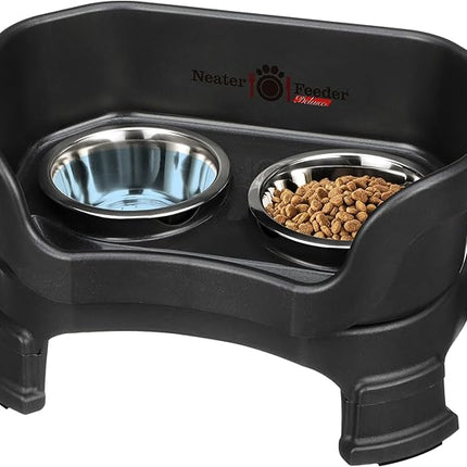 Neater Feeder Deluxe Mess Proof Cat Bowls Elevated for All Breeds – Made in USA – No Spill Raised Cat Bowls for Indoor Cats w/Leg Extensions – Stainless Steel Cat Food and Water Bowl Set - Black