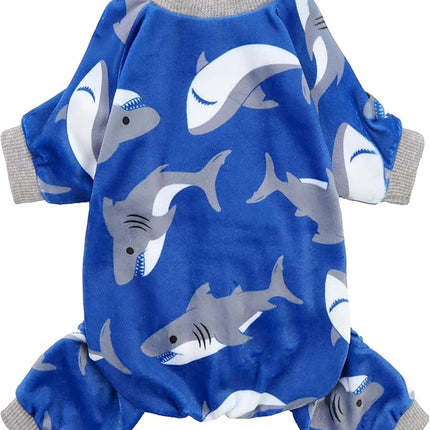 Fitwarm Shark Dog Pajamas, Dog Clothes for Small Dogs Girl Boy, Pet Onesie with Feet, Cat Outfit, Lightweight Velvet, Royal Blue, XXL