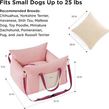 Lesure Small Dog Car Seat for Small Dogs -Soft Dog Booster Seat for Car with Storage Pocket and Clip-On Safety Leash and Thickened Memory Foam Filling, Pet Travel Carrier Bed Strawberry Cream