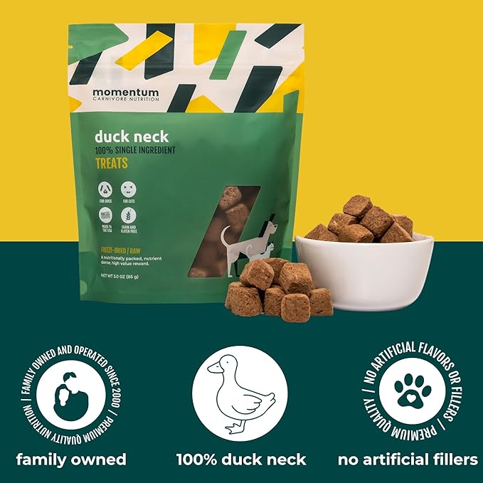 Momentum Carnivore Nutrition Freeze-Dried Duck Neck Dog Treats – Single-Ingredient, Dog & Cat Treats – High-Protein, Grain-Free– 3 oz Bag