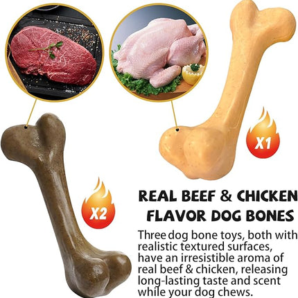 Indestructible Dog Bones for Aggressive Chewers, Durable Tough Puppy Teething Toys, Interactive Dog Toys for Medium/Large Breed, Beef & Chicken Flavor (3pcs)