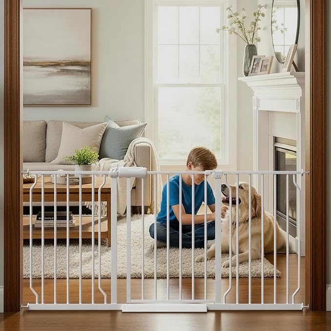 57.5"-62" Extra Wide Auto Closing Baby Safety Gate for Stairs & Doorways, Pressure Mounted No Drill Pet Gate with Walk-Through Door - Heavy Duty Childproof Gate for Toddlers, Kids, Dogs (White)