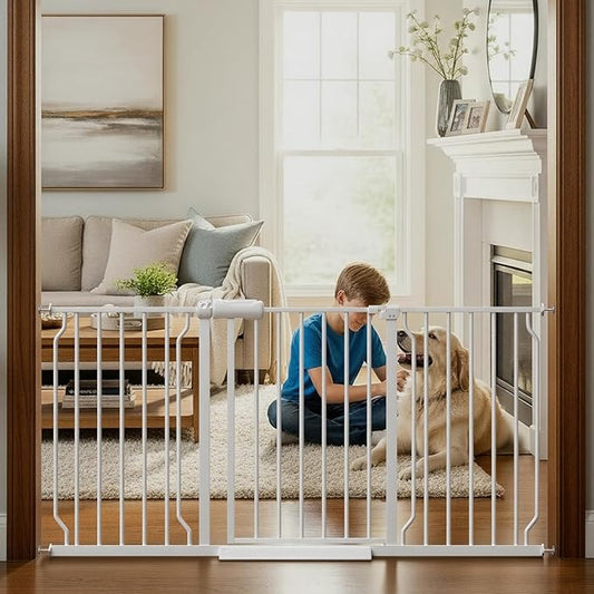 57.5"-62" Extra Wide Auto Closing Baby Safety Gate for Stairs & Doorways, Pressure Mounted No Drill Pet Gate with Walk-Through Door - Heavy Duty Childproof Gate for Toddlers, Kids, Dogs (White)