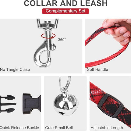EXPAWLORER Classic Plaid Puppy Harness - Small Dog Harness and Leash Set - Dog Collar and Leash Set with AirTag Holder, Soft Padded Step in Dog Vest Harness No Pull Reflective for Outdoor, Red L
