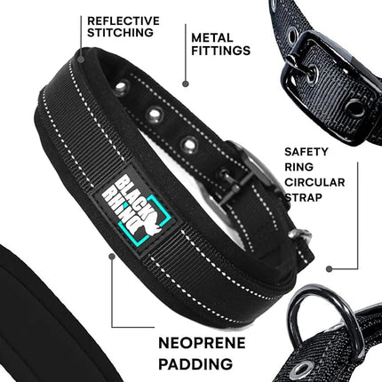 Black Rhino Dog Collar for Medium Dogs - 14-18 Inches Adjustable Reflective Dog Collar with Metal Buckle and Ultra-Soft Neoprene Padding - Heavy Duty Waterproof Collar for Active Pets - Black
