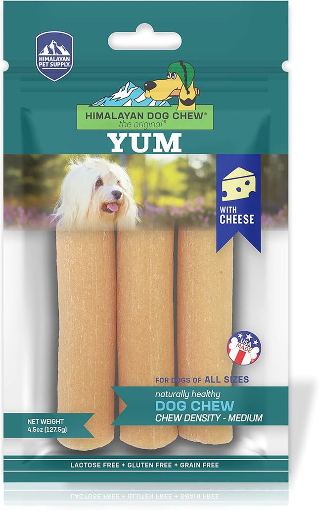 Himalayan Dog Chew Yak Cheese Dog Chews, Lactose Free & Grain Free, USA Made, for All Dog Breeds, Medium Density Cheese Chew, Resealable Pouch with 3 YUM Treats, Cheese Flavor