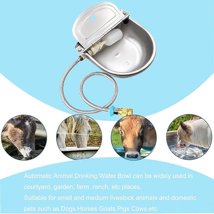 Automatic Dog Water Bowl Dispenser with Float Valve, 304 Stainless Steel Livestock Water Dispenser for Dog Horse Goat Pig Cow Livestock Water Bowl Kit Automatic Horse Waterer Bowl with Pipe Hose