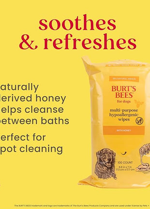 Burt's Bees for Pets Multipurpose Dog Wipes with with Honey, 98% Natural Origin Formulas, Hypoallergenic Dog Wipes Cleaning, Dog Cleaning Wipes, Dog Wipes for Paws and Butt, 100ct