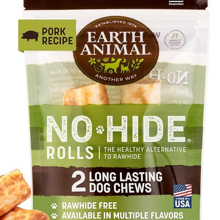 Earth Animal No Hide Chews - Long Lasting Rawhide Free Small Dog Chews Rolls, Pork - 2 Count