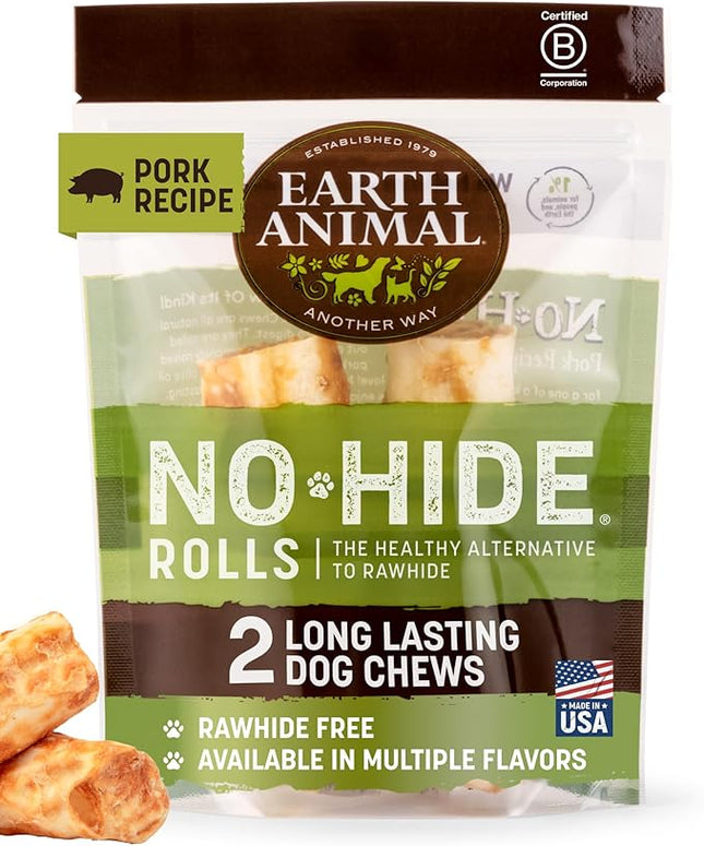 Earth Animal No Hide Chews - Long Lasting Rawhide Free Small Dog Chews Rolls, Pork - 2 Count