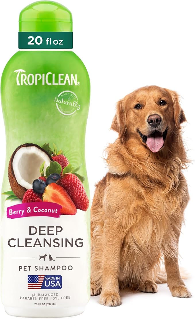 TropiClean Deodorizing Dog Shampoo for Smelly Pets, Long Lasting Odor Control, Puppy Safe, Made in the USA, Berry Scent, Cat Friendly, 20oz.