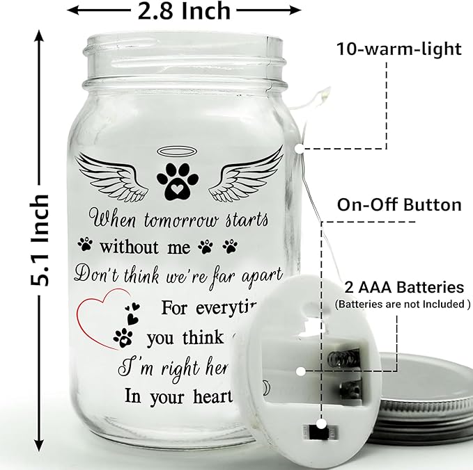 2IMT Dog Memorial Gifts, Pet Loss Sympathy Gift, Dog Sympathy Gifts for Loss of Dogs, Pet Memorial Gift for Dogs, Remembrance Bereavement Grieving Memorial Condolence for Cat, Jar Light Loss of Pets