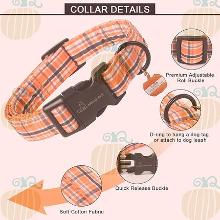 ARING PET Puppy Fall Dog Collar, Autumn Orange Black White Plaid Pet Collars for Small Medium Large Girl Boy Dogs Halloween-L Size