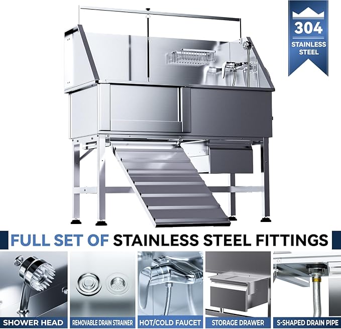 Dog Washing Station for Home,Professional 46" Stainless Steel Dog Bathing Station Height Adjustable Dog Wash Station Dog Grooming Tub Stair, Drawer, Floor Grate & Fauct (Left Ramp)