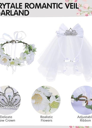 BINGPET Dog Wedding Outfit Dress,Doggy Cat Tutu Skirt with Dog Wedding Flower Collar and Crown Veil Set,Puppy Kitty Birthday Party Supplies,Dog Wedding Attire Bride Costume for Small Medium Dogs Cats