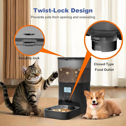 Automatic Cat Feeder, Cat Food Dispenser with 10s Voice Recorder, Pet Feeder up to 8 Meals per Day, Timed Feeder with Dry Food Sealed Ring (Black, 4L)