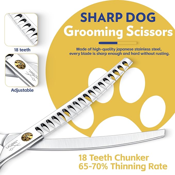 JASON Dog Scissors for Grooming - 7" Up-curved Chunker Shears with 65%-70% Thinning Rate, Professional Japanese 440C Stainless Steel Dog Grooming Chunkers with Adjustable Screw (18 Teeth, Silver)